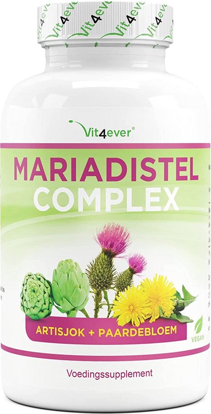 Foto: Mariadistel artisjok paardenbloem complex 365 capsules 6 maandvoorraad hoge dosering met 80 silymarine 2 5 cynarine laboratoriumgetest veganistisch vit4ever