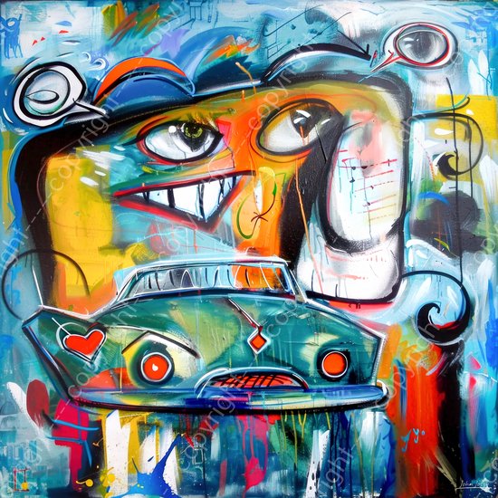 JJ-Art (Aluminium) 60x60 | Auto in Herman Brood stijl, abstract | kunst, ogen, vierkant, oranje, blauw, geel, groen, woonkamer, modern | foto-schilderij op dibond, metaal wanddecoratie