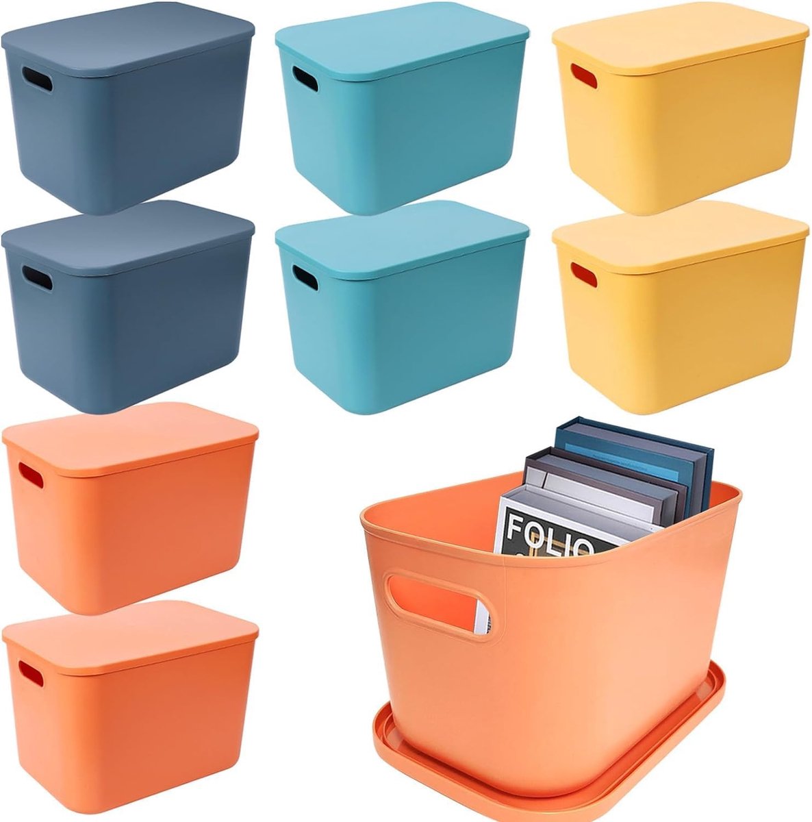 8 stuks kleurrijke kunststof opbergmanden met deksel en handvat, stapelbare opbergdoos, mandhouder, bureau-opbergdoos, kubby-container voor plank, kast, keuken