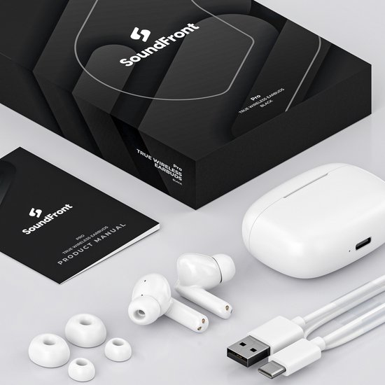 Zwarte productverpakking van SoundFront Pro, met witte oplaadcase, oordopjes, producthandleiding en kabels.