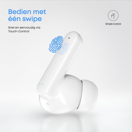 Witte oordopje met touch-control, met blauwe vingerafdruk en tekst 'Bedien met één swipe'.