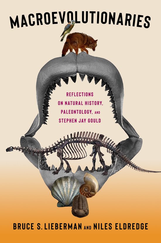 Boekomslag met haaientanden, dinosaurus skelet, fossielen, een vos en een vogel. Titel: MACROEVOLUTIONARIES.