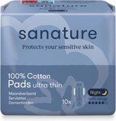 Sanature 100% Katoenen Maandverband Ultra Night met vleugels voor de gevoelige huid - 6x10 stuks