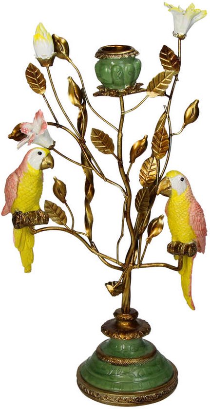 Supervintage kandelaar goud met groen en geel met roze vogels parkieten 17 x 33 cm