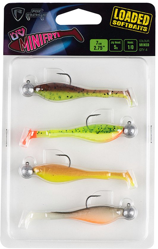 Fox Rage Loaded Softbaits Ultra UV Mini Fry Mixed (4 pcs) 7cm - Jighead 5g - Haak 1/0 van Fox Rage — afbeelding 2