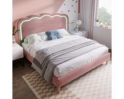 Sweiko Gestoffeerd bed, LED tweepersoonsbed 140 x 200cm, Bedframe met lattenbod en verstelbaar hoofdeinde, Gewatteerd bed in roze, Bedframe Jeugdbed voor slaapkamer Gastenbod fluweel