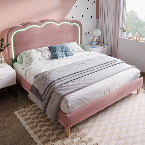 Sweiko Gestoffeerd bed, LED tweepersoonsbed 140 x 200cm, Bedframe met lattenbod en verstelbaar hoofdeinde, Gewatteerd bed in roze, Bedframe Jeugdbed voor slaapkamer Gastenbod fluweel