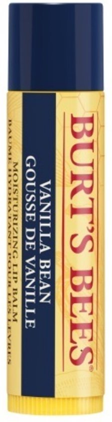 Burt's Bees Vanilla Bean hydraterende lippenbalsem met een geel honingraatpatroon en donkerblauwe dop.