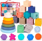 24 stuks zachte babybouwstenen, babyblokken, stapelspel voor babyspeelgoed, Montessori sensorische speelgoedbijtring, zachte knijpbabyspeelgoedset met ballen, zachte stapelblokken voor baby's