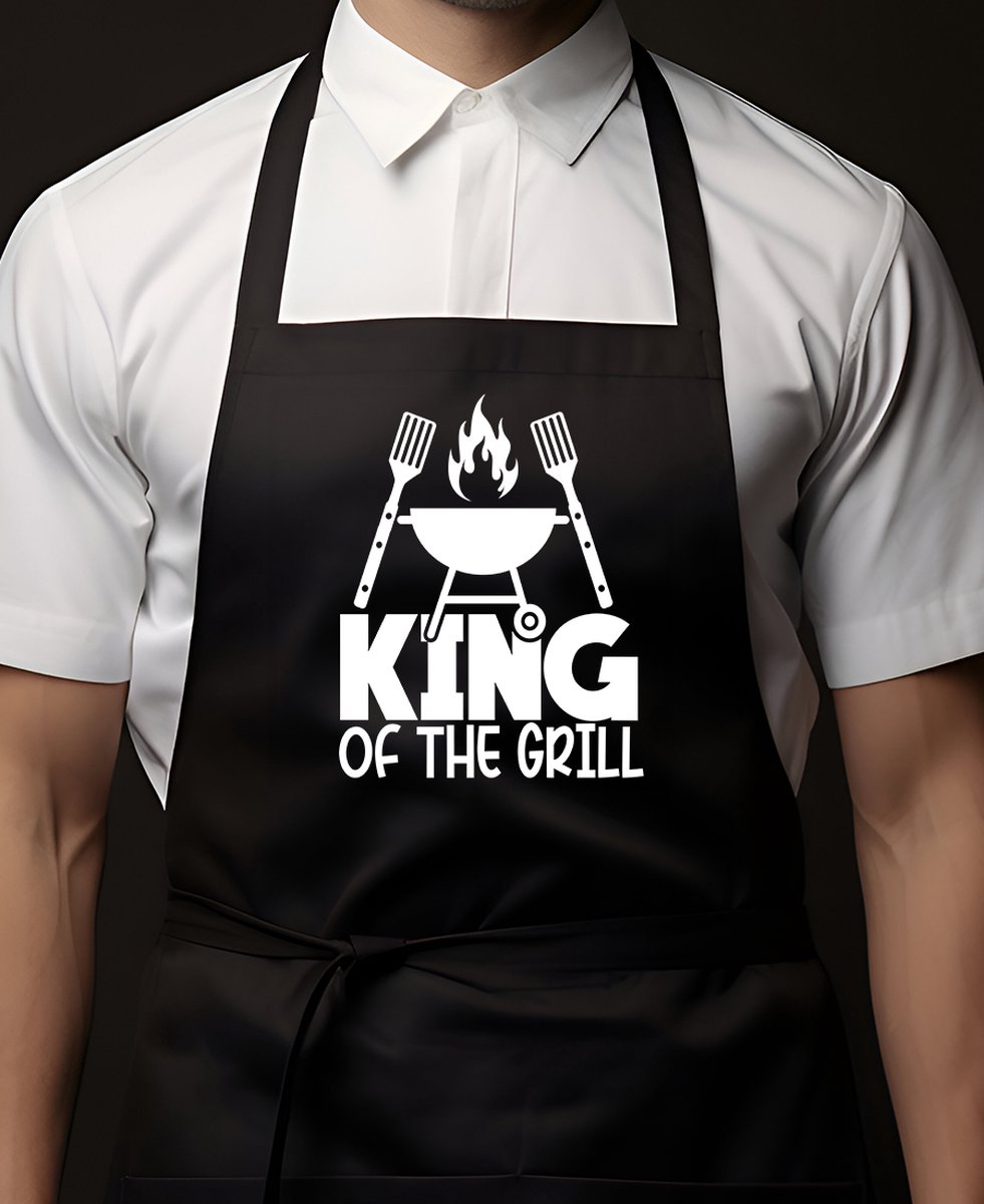 Keukenschort Zwart | 65x90cm | KING OF THE GRILL | 100% katoen | Schort / Keukenschorten | Verjaardags cadeau | BBQ - VADERDAG - MOEDERDAG - Met tekst