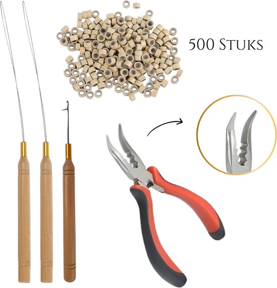 Thef - Kit de démarrage pour extensions de micro-anneaux - 500 micro-anneaux - 2x aiguille à boucle micro-anneau - Crochet - Pince courbée - Tools Extensions de cheveux - Blond