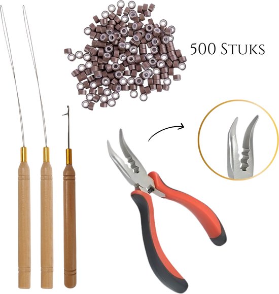 Thef - Kit de démarrage pour extensions de micro-anneaux - 500 micro-anneaux - 2x aiguille à boucle micro-anneau - Crochet - Pince courbée - Tools Extensions de cheveux - Marron