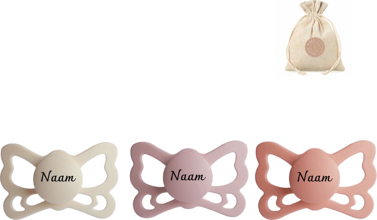 Goedkoopste Frigg butterfly spenen siliconen anatomisch met naam mT2 (6-18 maanden) speenzakje - Cream, Blush en Peach - fopspenen