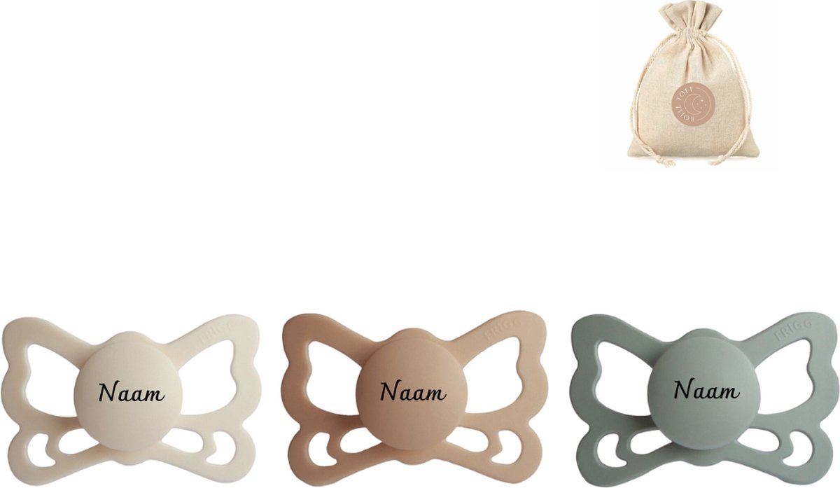 Goedkoopste Frigg butterfly spenen siliconen anatomisch met naam T2 (6-18 maanden) speenzakje - Cream, sage en silky satin - fopspenen