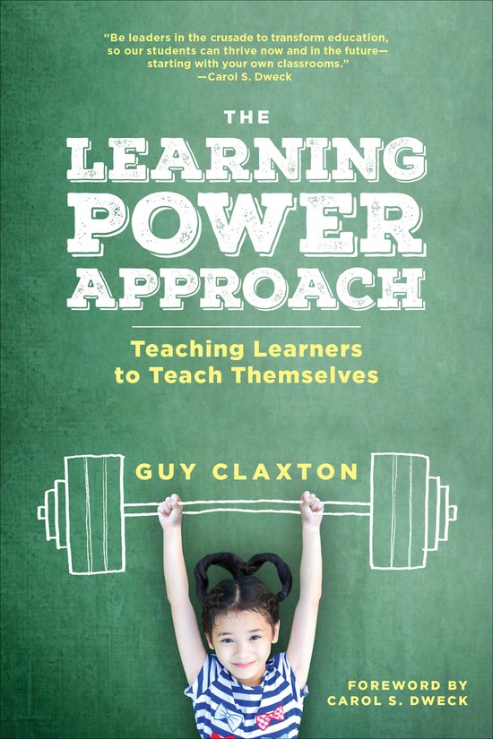 Une fille portant un haut rayé et des nœuds dans les cheveux soulève une barre d'haltères dessinée au-dessus de sa tête. Titre : 'The Learning Power Approach : Teaching Learners to Teach Themselves'.