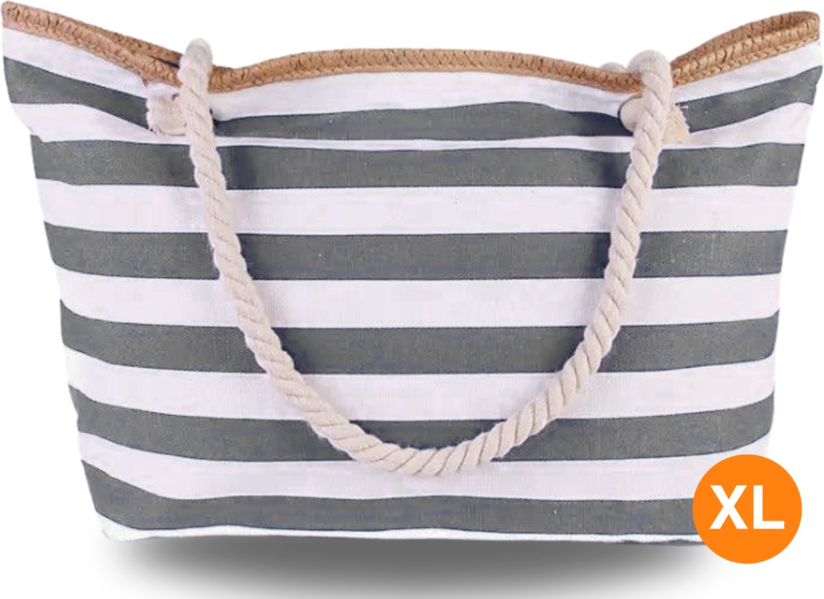 Pazzo Goods Strandtas XL met Rits Grijs/Wit – Grote Strandtas Dames Waterbestendig – Ibiza Style Beach Bag