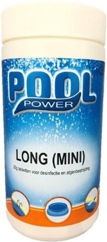 Fles met "POOL POWER LONG (MINI)" desinfectie- en anti-algtabletten. Etiket met blauwe bubbels en oranje accenten.