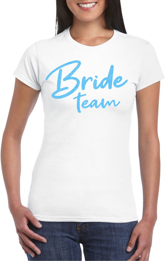 Bellatio Decorations Vrijgezellenfeest T-shirt dames - Bride Team - wit - glitter blauw - bruiloft XL