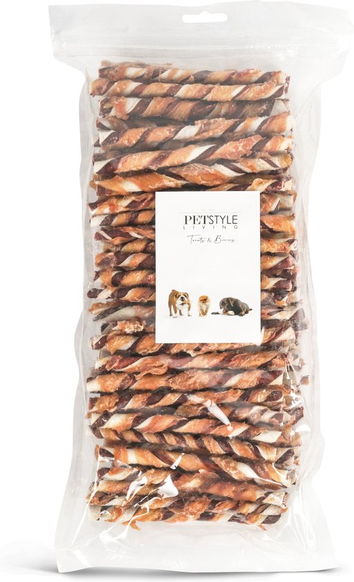 Petstyle Living Gedraaide Sticks met Kip & Rund - Hondensnacks - 12,5cm - 100 Stuks - Kauwsticks - Kauwstaafjes