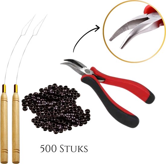 Thef - Kit de démarrage pour extensions Nanoring - 500 Nanorings - 2x Nanoring Loopneedle - Pince courbée - Marron foncé