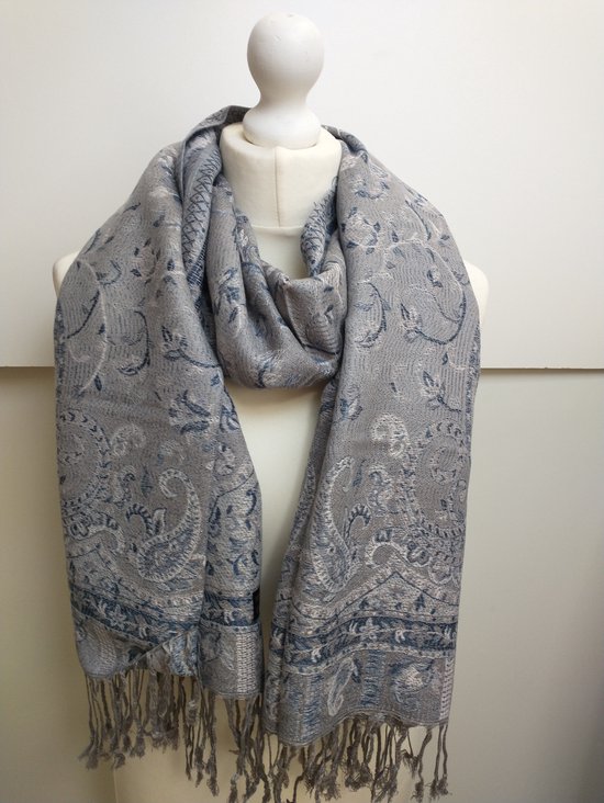 Lange dames sjaal Asta paisleymotief grijs wit blauw lichtroze