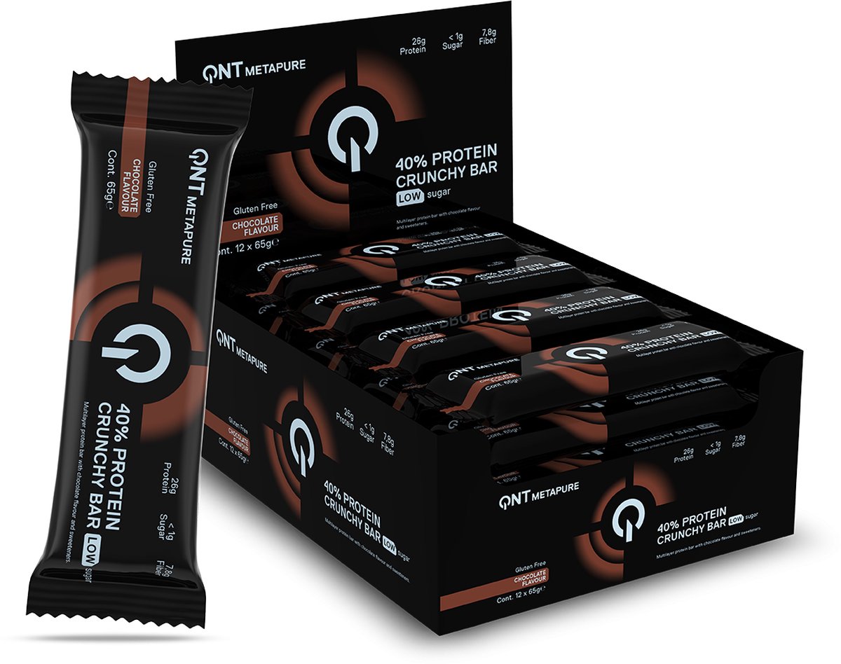 Goedkoopste QNT METAPURE 40 PROTEIN CRUNCHY BAR CHOCOLATE| 12 X 65 gram