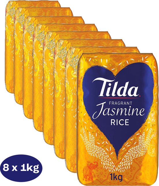 Foto: Tilda pandan jasmijnrijst 8 x 1000 gram multi voordeelverpakking fragrant jasmin rice kleefrijst ideaal voor oosterse gerechten vegetarisch glutenvrij