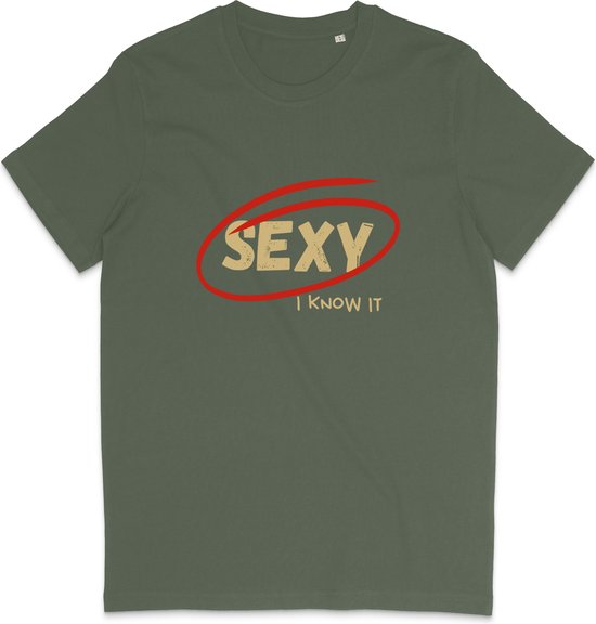 T Shirt Heren Dames - Grappige Tekst: Sexy, I Know It - Khaki Groen - XXL