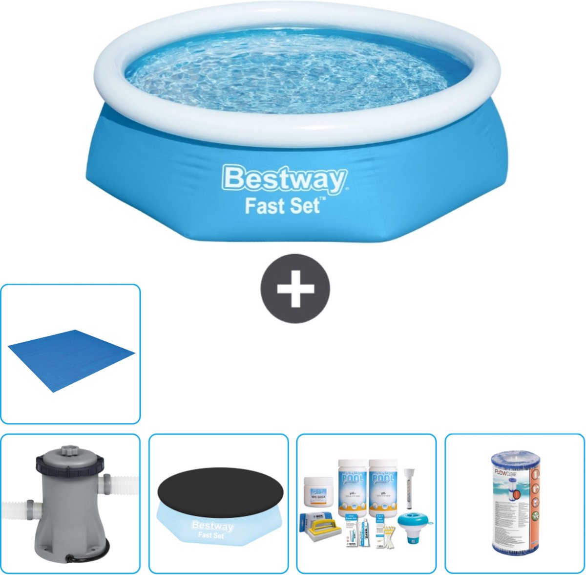Bestway Rond Opblaasbaar Fast Set Zwembad - 244 x 61 cm - Blauw - Inclusief Pomp Afdekzeil - Onderhoudspakket - Filter - Grondzeil