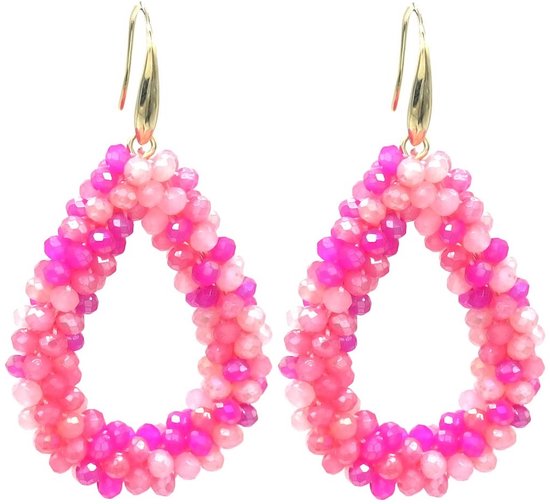 Boucles d'oreilles avec perles de verre - Taille facette - 4,5x3,5 cm - Rose