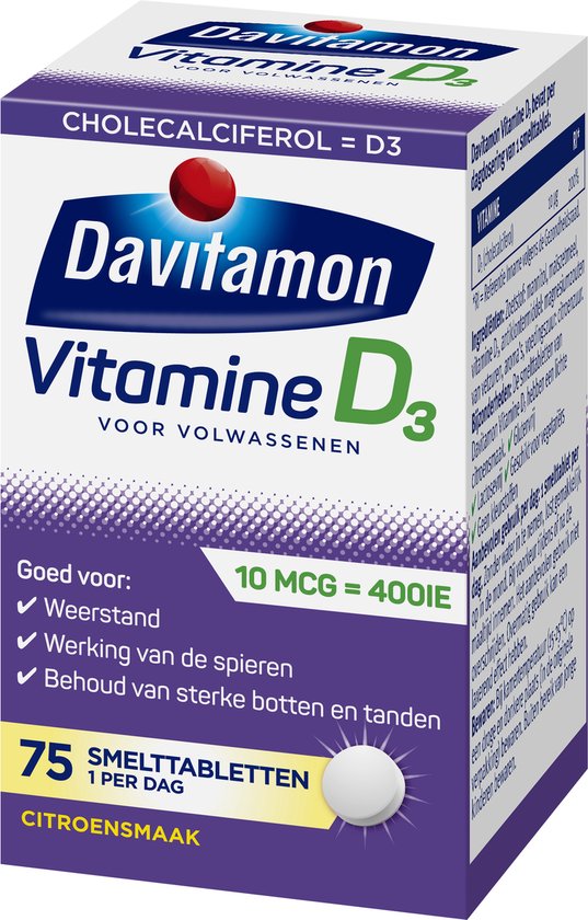 Davitamon Vitamine D3 voor volwassenen, 75 smelttabletten met citroensmaak. Goed voor weerstand, spieren, botten en tanden. Bevat per dagdosering: VITAMINE D3 (cholecalciferol) 10 µg 200%.