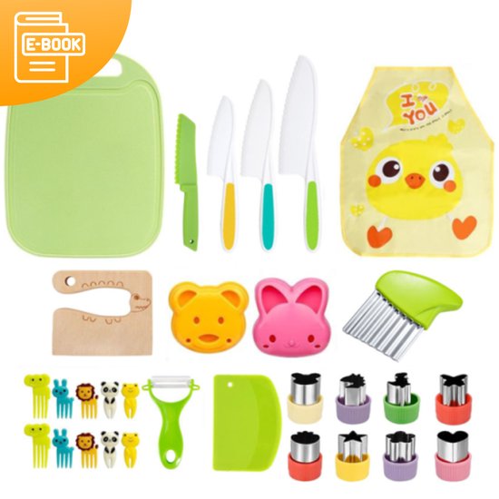 Foto: Jt products kindermessen set 30 delig inclusief e book kindermessenset kiddikutter kindermes le petit chef kinder mes koken met kinderen kookgerei kinderen kinder kookmes mes kind