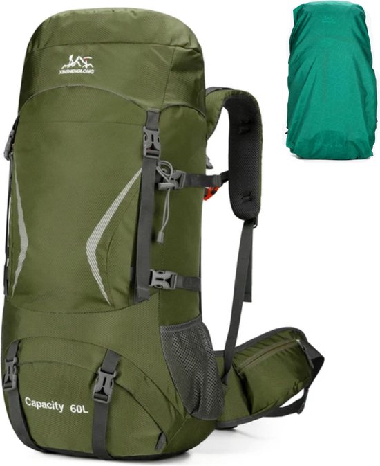 Avoir Avoir®- Hiking Backpack 60L -Leger Groen-Groot Capaciteitsontwerp - Waterdicht Nylon - 35x23x72cm - Ingebouwd Drinksysteem - Molle-systeem - Reflecterende Strips - Inclusief Regenhoes- Rugzak - Bol.com