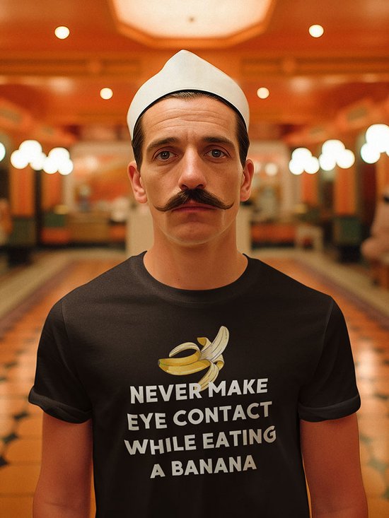 Shirt - Never make eye contact while eating a banana - Wurban Wear | Grappig shirt | Leuk cadeau | Unisex tshirt | Meme shirt | Vaderdag | Dirty shirt | Zwart