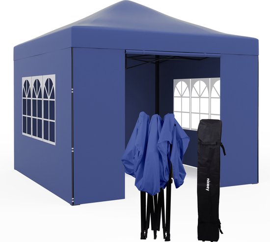Tente de fête Niceey - 3x3m - Pavillon - Pliable et étanche - Tente de fête avec parois latérales - Tente de jardin - Facile à monter - Sac de transport à Roues - Bleu foncé
