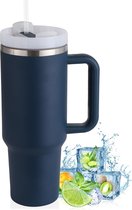 Thermosbeker met Rietje en Handvat 1200 ml Dubbelwandig Roestvrij Staal voor Warme en Koude Dranken, Vacuüm Drinkbeker, Koffiemok voor Thuis en Reizen, Donkerblauw