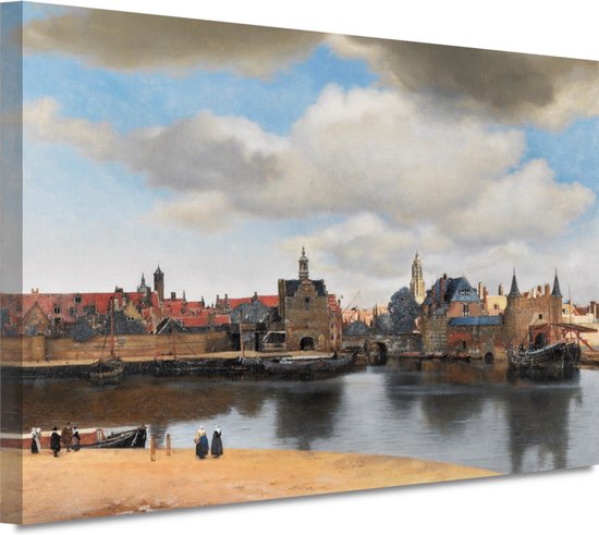 Gezicht op Delft - Johannes Vermeer portret - Stadsgezicht schilderijen - Schilderij op canvas Landschap - Woonkamer decoratie industrieel - Canvas schilderijen woonkamer - Kunstwerken schilderij 90x60 cm