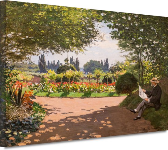 Adolphe Monet in de tuin van Le Coteau in Sainte-Adresse - Claude Monet wanddecoratie - Tuin schilderijen - Schilderij op canvas Natuur - Moderne schilderijen - Canvas - Woonkamer accessoires 90x60 cm