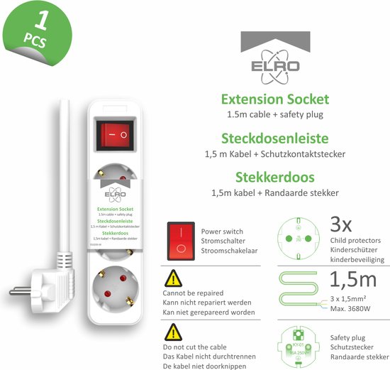 Witte stekkerdoos ES103S-W met 3 stopcontacten, schakelaar, 1,5m kabel en kinderveiligheid.