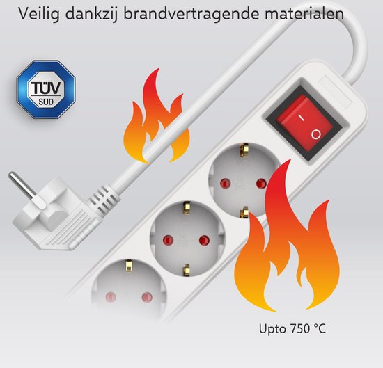 Witte stekkerdoos met vlammen die erop afkomen, met TUV SUD-logo. Veilige, brandvertragende materialen.