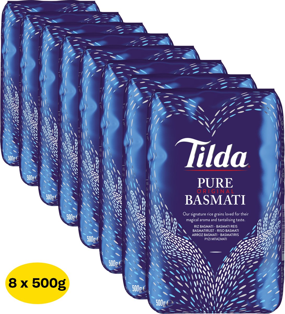 Tilda Pure Original Basmati Rijst - 8 x 500 Gram Multi Voordeelverpakking Basmatirijst - Rijstkorrels met Aroma en lichte Textuur - Afkomstig uit de Himalaya - Vegetarisch - Glutenvrij