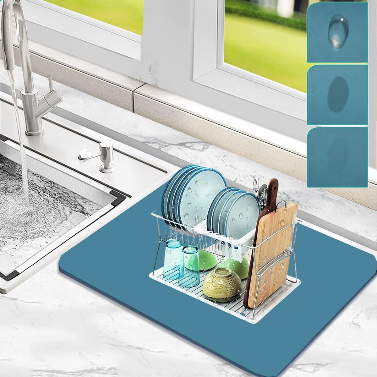 Goedkoopste Afdruipmat, afdruipmat, servies, super absorberende onderlaag, voor koffiezetapparaat, barmat, voerbakmat voor honden, lekmat, gootsteen voor de keuken, blauw, 40 x 30 cm