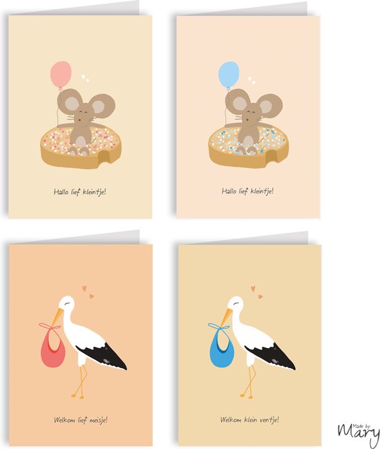 8x geboortekaartjes - Luxe wenskaarten gevouwen - Inclusief witte enveloppen - Made by Mary