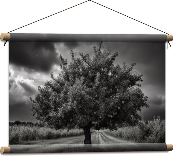 Textielposter - Landschap - Boom - Gras - Wolken - Zwart - Wit - 60x40 cm Foto op Textiel