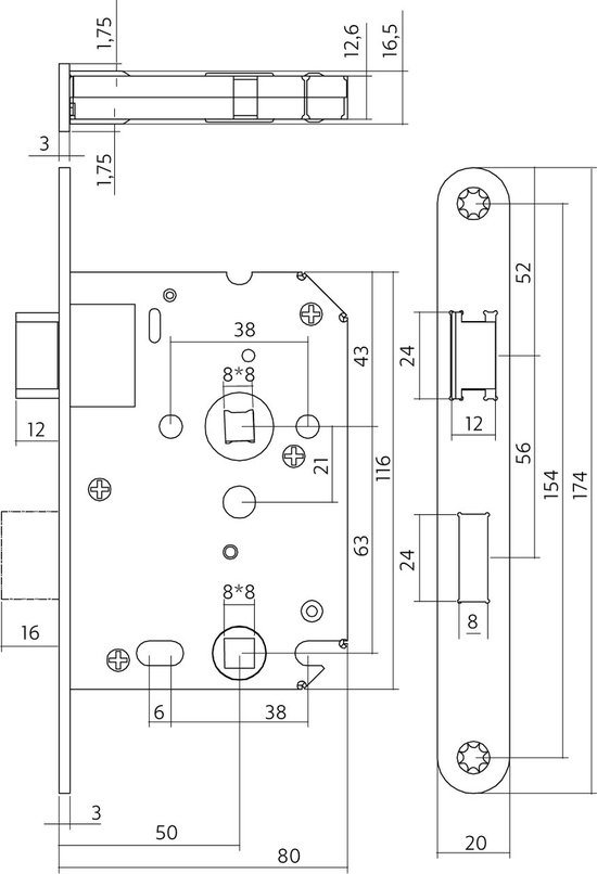 Technische tekening met afmetingen van een deurslot.