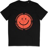 Grappig Dames en Heren T Shirt - Happiness Gelukkig - Oranje Smiley -Zwart - M