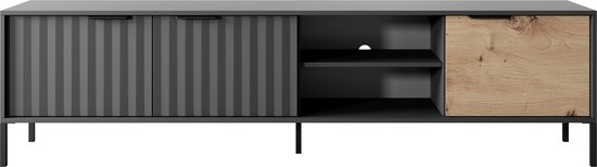 TV-meubel 203 RAVE - Planken - Zachtsluitend - Zwart + Artisan eikenhout - 203 cm