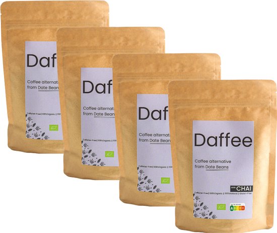 Daffee koffie, dadel koffie, een duurzame en heerlijke koffie alternatief gemaakt van geüpcycled dadel bonen, gezond, organisch, en caffeine vrij. gemixed met natural chai mix kruiden. (4*250gr)