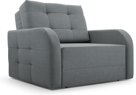 Lichtgrijze fauteuil met capitonné-details op de armleuningen en zijkanten, met verstelbare rugleuning.