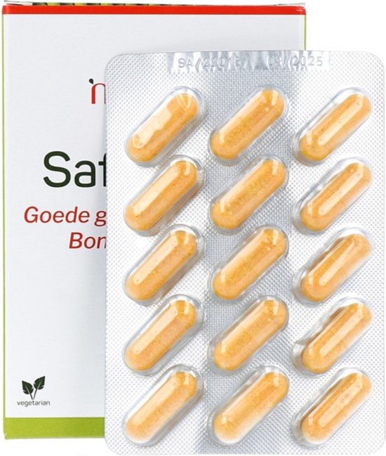 Een strip met twaalf oranje capsules in een blisterverpakking.